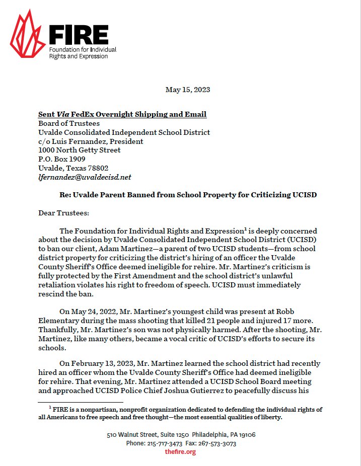 JoshBleisch's tweet photo. Criticism isn’t a crime, and Uvalde can’t police free speech.

That’s why @TheFIREorg wrote to officials at Uvalde Consolidated Independent School District today to say they can’t ban parents from school property because they don’t like what they have to say. https://t.co/egjYtTdihm