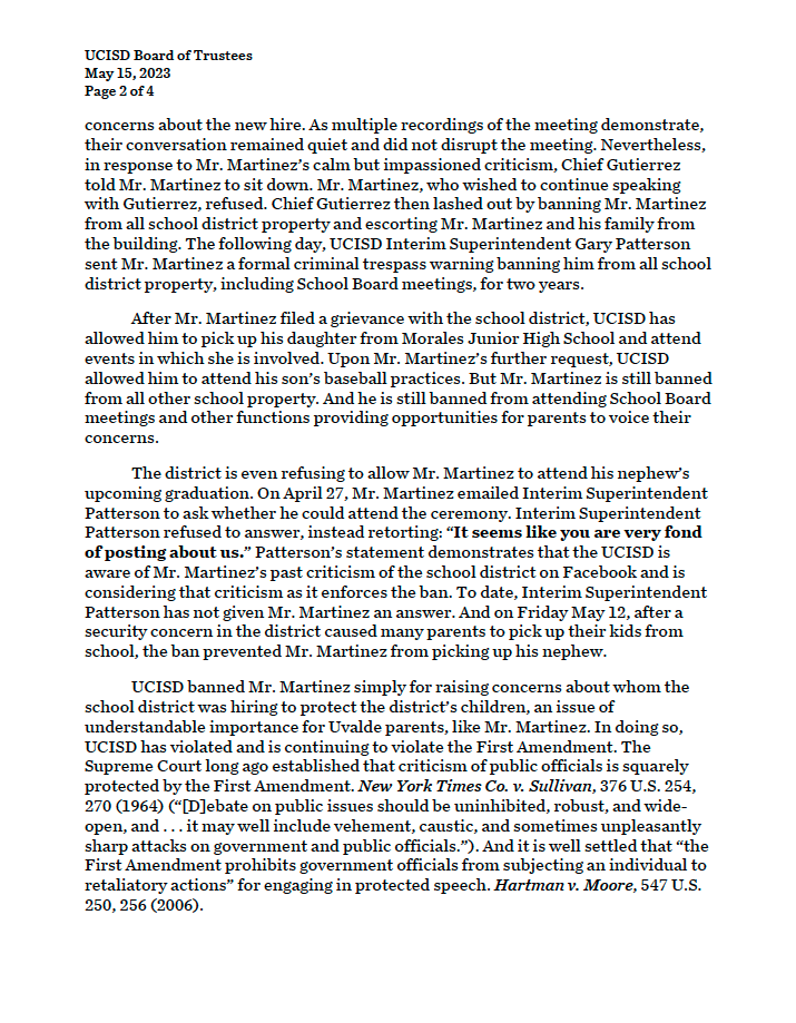 JoshBleisch's tweet photo. Criticism isn’t a crime, and Uvalde can’t police free speech.

That’s why @TheFIREorg wrote to officials at Uvalde Consolidated Independent School District today to say they can’t ban parents from school property because they don’t like what they have to say. https://t.co/egjYtTdihm