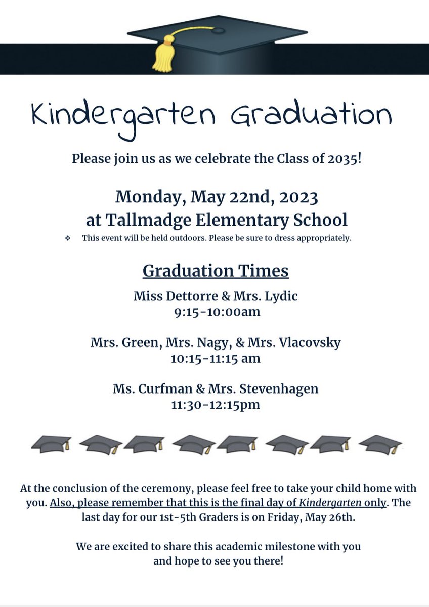 We are officially one week away from Kindergarten Graduation! Please view the flyer for more details! #TallmadgeElementary #KGraduation