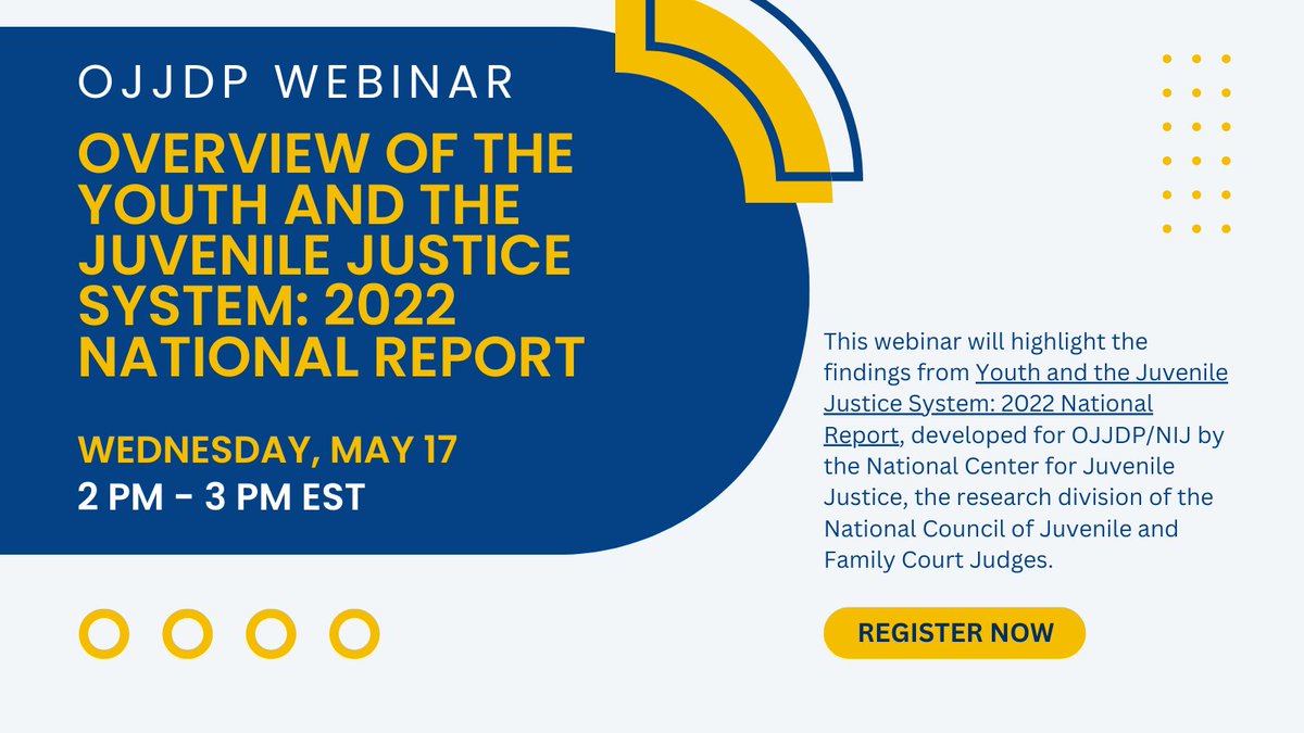 4juvjustice's tweet photo. On Wednesday,  OJJDP Administrator Liz Ryan will host a webinar highlighting key findings from the “Youth and the Juvenile Justice System: 2022 National Report". To learn more, visit https://t.co/2aAqJheRwF https://t.co/uG6aBjbG9E