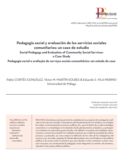 Artículo: Pedagogía social y evaluación de los servicios sociales comunitarios: un caso de estudio
Pablo Cortés-González, Víctor M. Martín Solbes, Eduardo Vila Merino recyt.fecyt.es/index.php/PSRI…
Social Pedagogy and Evaluation of Community Social Services: a Case Study