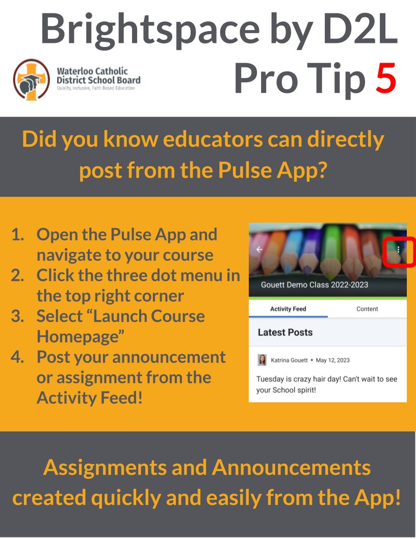 WCDSBInnovates's tweet image. Ever wonder if you could seamlessly post to your D2L classroom from the Pulse app? 📱 Look no further! 🤩 Check out this video tutorial (bit.ly/41xC89K) on how to effortlessly accomplish exactly that! 🔥💪 #WCDSBD2L #PulseApp #WCDSBInnovates