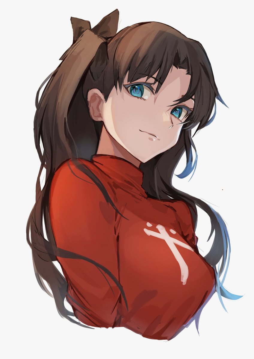 tohsaka rin 1girl solo long hair upper body blue eyes white background looking at viewer  illustration images