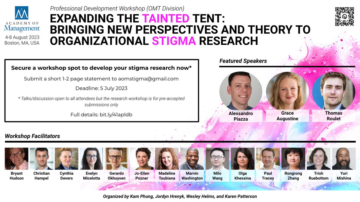 Kam Phung (He/Him) (@kamphung) on Twitter photo The organizational #stigma community is excited to continue its PDW at <a href="/AOMConnect/">Academy of Management</a>! This year's workshop focuses on new perspectives/theory, features talks by <a href="/APiazzaPhD/">Alessandro Piazza (@alessandropiazza.bsky.social)</a>, <a href="/GAugustine/">Grace Augustine</a>, and <a href="/ThomRoulet/">Thomas Roulet</a>, and has a superstar team of facilitators!
Details: bit.ly/41apldb The organizational #stigma community is excited to continue its PDW at <a href="/AOMConnect/">Academy of Management</a>! This year's workshop focuses on new perspectives/theory, features talks by <a href="/APiazzaPhD/">Alessandro Piazza (@alessandropiazza.bsky.social)</a>, <a href="/GAugustine/">Grace Augustine</a>, and <a href="/ThomRoulet/">Thomas Roulet</a>, and has a superstar team of facilitators!
Details: bit.ly/41apldb