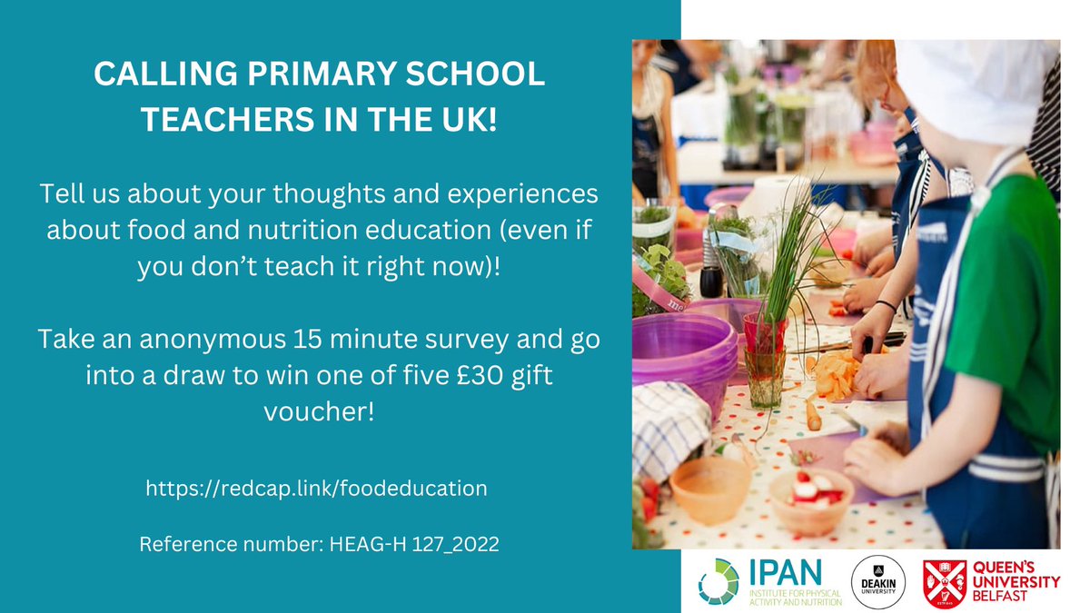 Are you a #PrimarySchoolTeacher in the UK? 🧑‍🏫

Tell us about your thoughts and experiences about teaching food and nutrition at your school by completing a 15 min survey! 🍎

Enter a draw for £30 gift voucher!

📋Survey: redcap.link/foodeducation

#UKteachers #SchoolFood