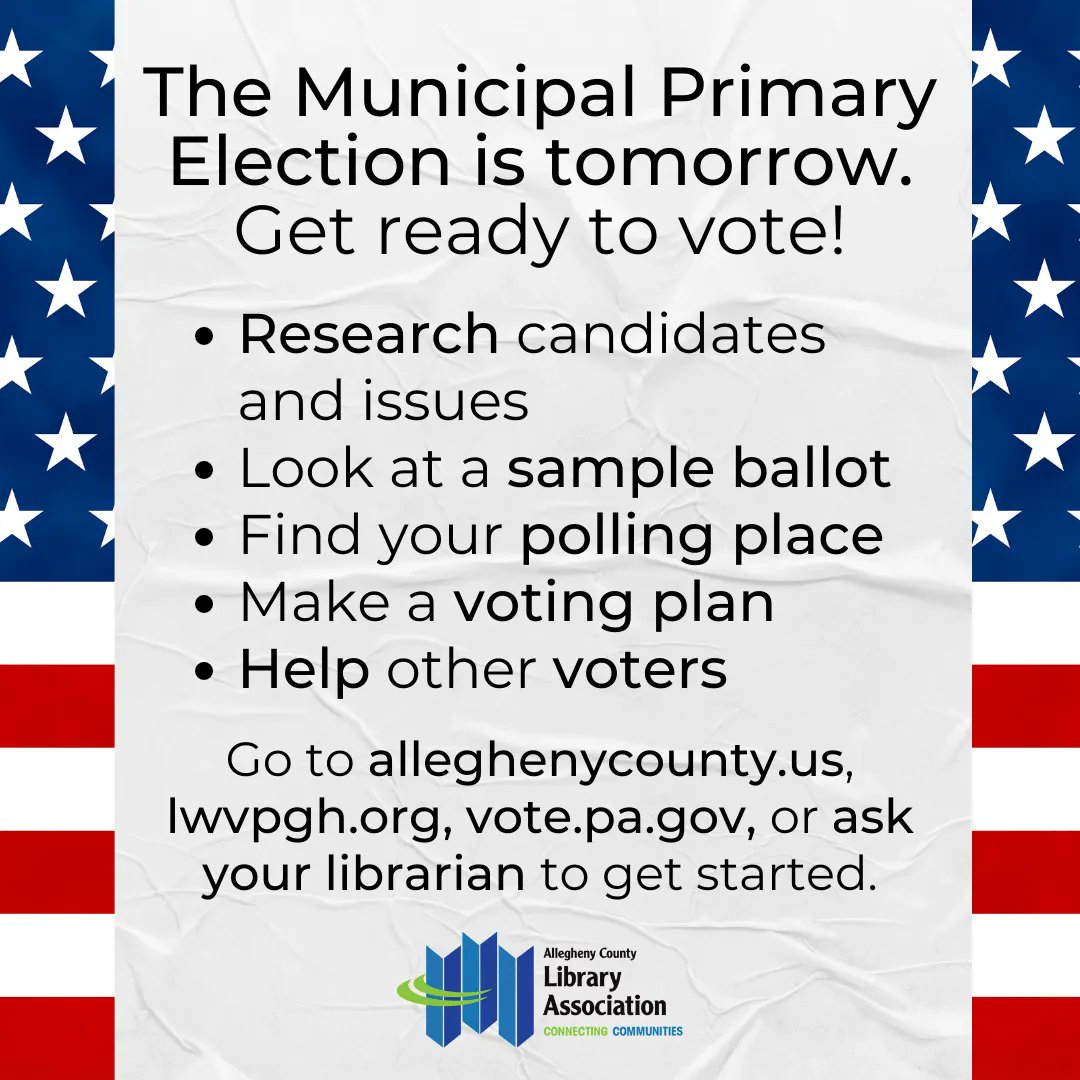 Tomorrow is the Municipal Primary Election! That means that only registered members of the Democratic or Republican parties can vote. As always, you can ask for voting information from your local librarian. #vote #primaryelection #electionday