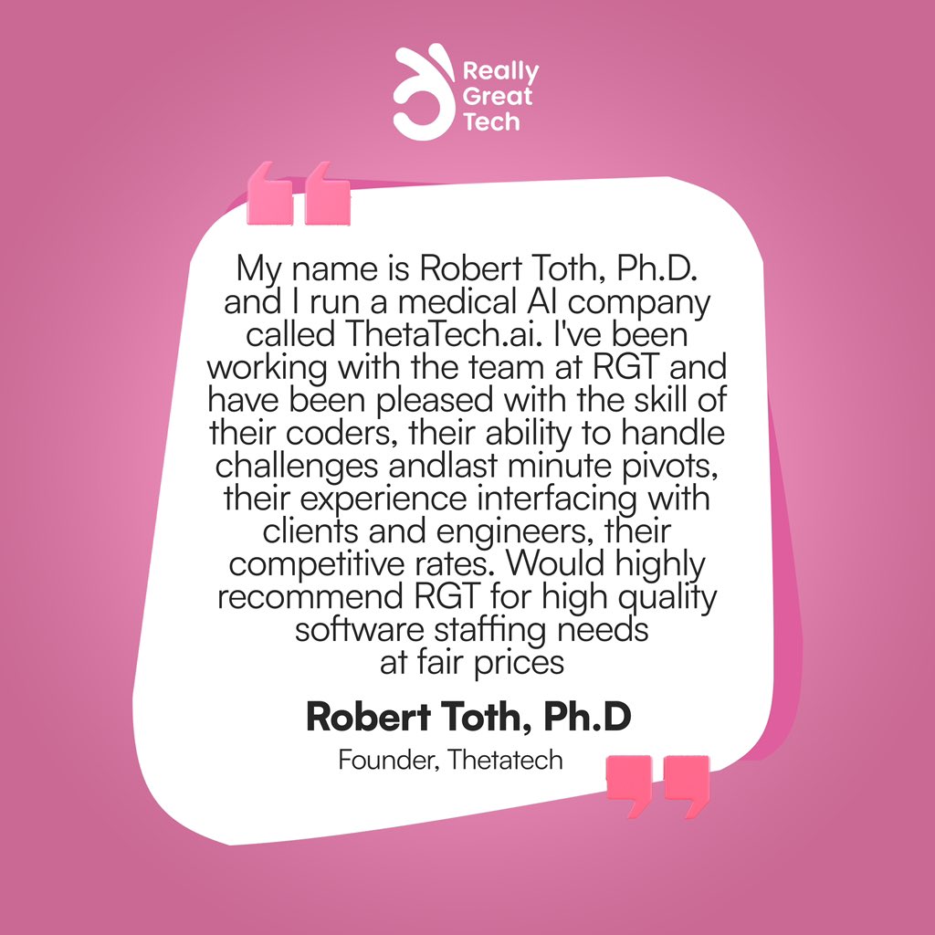 ReallyGreatTech's tweet photo. At RGT, we pride ourselves on providing skilled software developers who can handle any task thrown their way. π
Thanks to Robert Toth, Ph.D. for recognizing our team's abilities!
Letβs talk about your idea! Send a dm or visit our website π€
#reallygreattech https://t.co/KTJ49D2Y8E