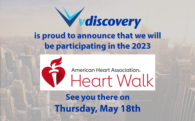 vdiscovery's tweet photo. We are very excited to be participating in the 2023 AHA Heart Walk on May 18th! 
#AmericanHeartAssociation #heartwalk2022 #eDiscovery #LitSupport #legaltech #legalinnovation https://t.co/BFp5ofMkAx