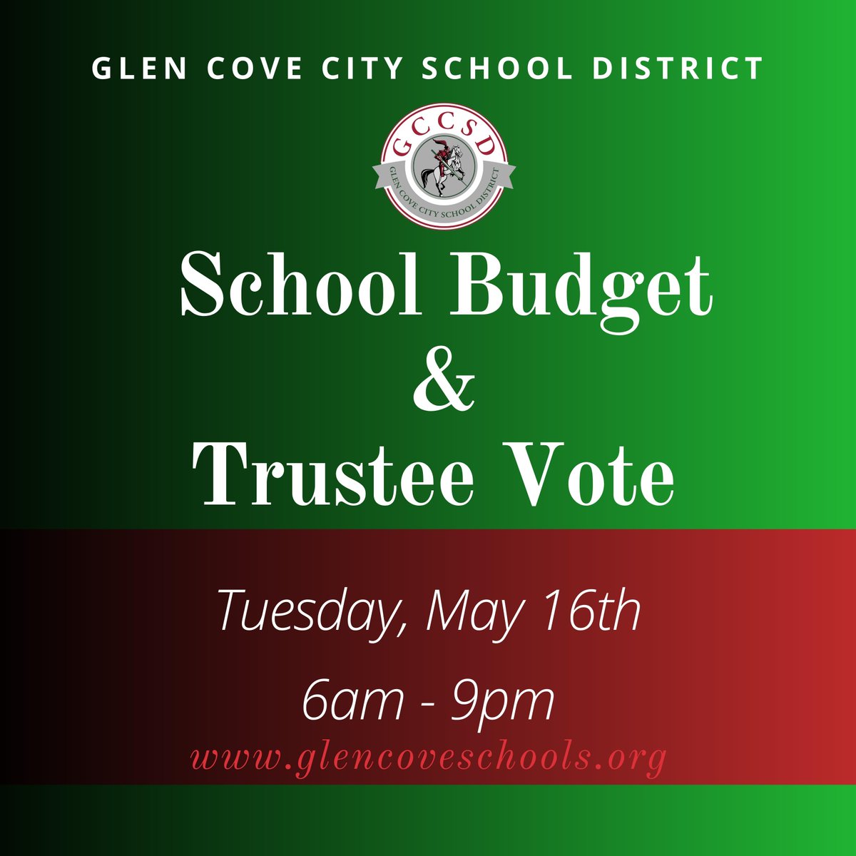 The 2023-2024 Glen Cove CSD Budget Vote and Trustee Election is Tuesday, May 16, 2023 -  6am - 9pm. Please visit our website for more information and to find your polling location. [Connolly School or High School] glencoveschools.org/Page/438
#schoolbudgetvote #GlenCoveSD
