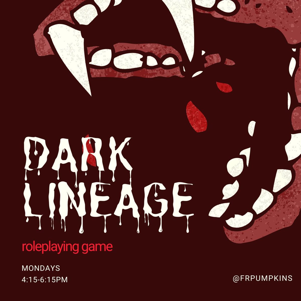 frpumpkins's tweet photo. On Mondays from 4:15-6:15pm, join us in Dark Lineage.
It is up to you how you choose to survive. Will you engage in political intrigue in the courts of your people, which survive in secret or as rebels in a widespread alliance fighting for freedom? The choice is yours. https://t.co/zZyI9Z7ieX