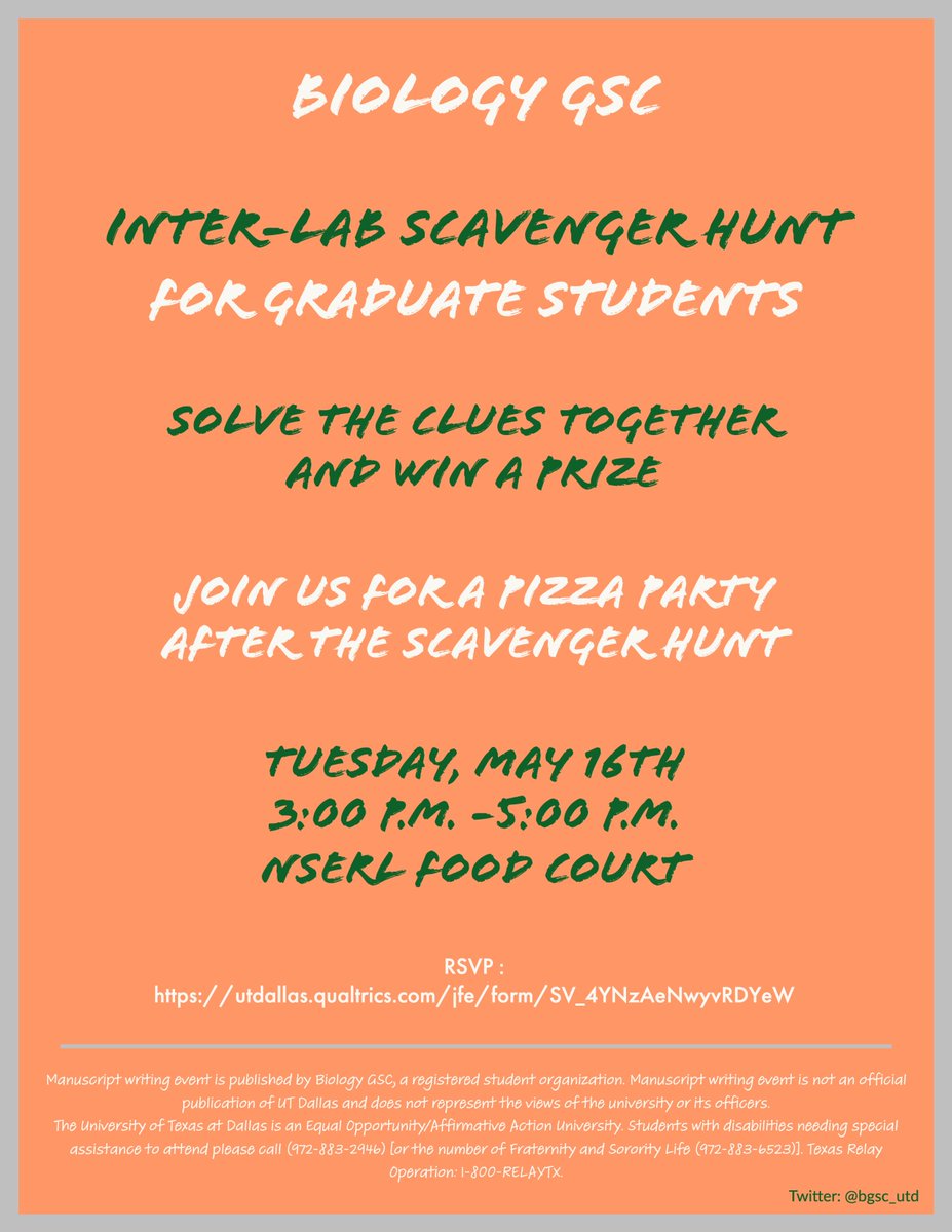 Biology GSC UTD (@bgsc_utd) on Twitter photo Dear grad students join us for an Inter-Lab Scavenger Hunt tomorrow! See the flyer below for event details.
<a href="/UTD_Biology/">UT Dallas Biology</a> #bgsc_utd Dear grad students join us for an Inter-Lab Scavenger Hunt tomorrow! See the flyer below for event details.
<a href="/UTD_Biology/">UT Dallas Biology</a> #bgsc_utd