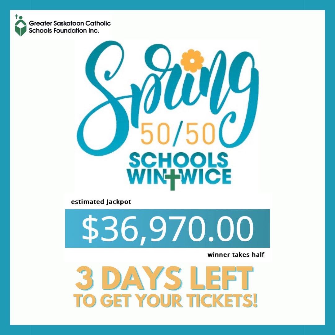 Only 3 DAYS left to get your Spring 50/50 tickets! This is your chance to win the jackpot! Buy tickets now and our schools keep winning. The draw will be on May 17, 2023 at 3pm. Go to schoolswintwice.ca or follow the link in our bio!