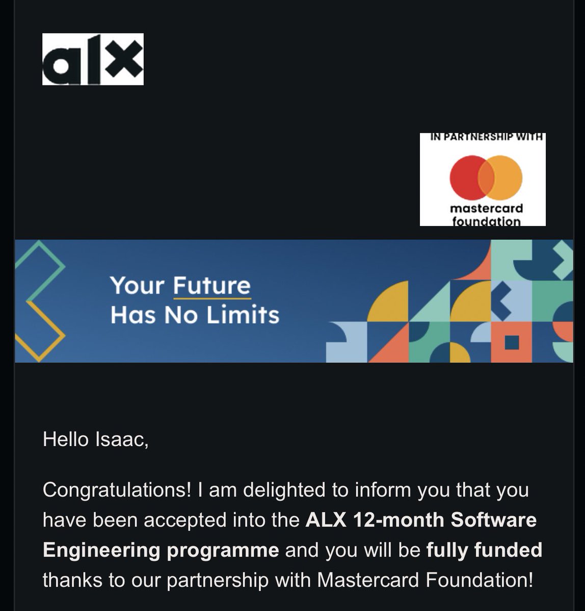 KingBygone's tweet photo. Cheers to new Beginning, 1 Step to Glory, new career path unfolding as I’ve been accepted into @AlxGhana 12-Month Software Engineering Programme Funded by @MastercardFdn 😍 It will be a beautiful Journey. #NyameNeHene #ALX #ALXaccepted https://t.co/1zvy7A9Fol