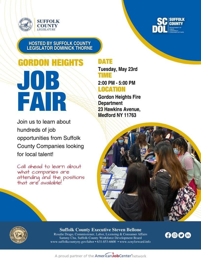 SuffolkLabor's tweet photo. Join us for a job fair event with Legislator Dominick Thorne at the Gordon Heights Fire Department to meet with various businesses about their employment opportunities!
Tuesday, May 23rd at 2:00pm
#JobFair #Hiring #Career #Opportunity #SucceedInSuffolk #GordonHeightsFD https://t.co/jq5Ime7z5t