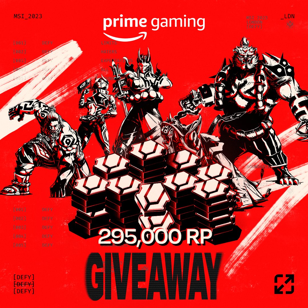 primegaming's tweet photo. Time to show your #MSI2023 hype! 🏆 

Join the celebration &amp; enter for a chance to win some RP to use in @LeagueOfLegends from @surfgiveaways - 295k RP! Don't forget to use this week's secret code - DEFYMSI2023 - to grab extra entries! 

👉 https://t.co/9B1pHpL4Ns 👈 https://t.co/GnoZeYEAKa