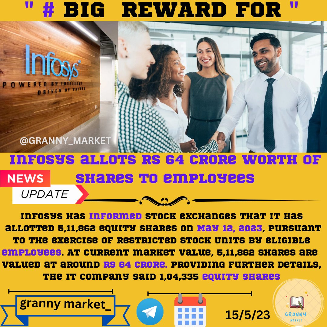 grannymarket's tweet image. Infosys Rewards Employees By Allotting Equity Shares 
Infosys, in the season of mass layoffs, has ended up allotting over 5 lakh equity shares to its employees under the 2015 Stock Incentive Compensation Plan
#Infosys, #InfosysTech, #InfosysCareers, or #InfosysUpdates