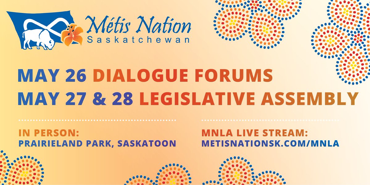 metisnationsask's tweet image. The Métis Nation Legislative Assembly (MNLA) is next weekend in Saskatoon. The meetings will be live streamed starting on Saturday, May 27 and continuing through Sunday, May 28. You can watch the proceedings starting at 9 am each day at metisnationsk.com/mnla/.