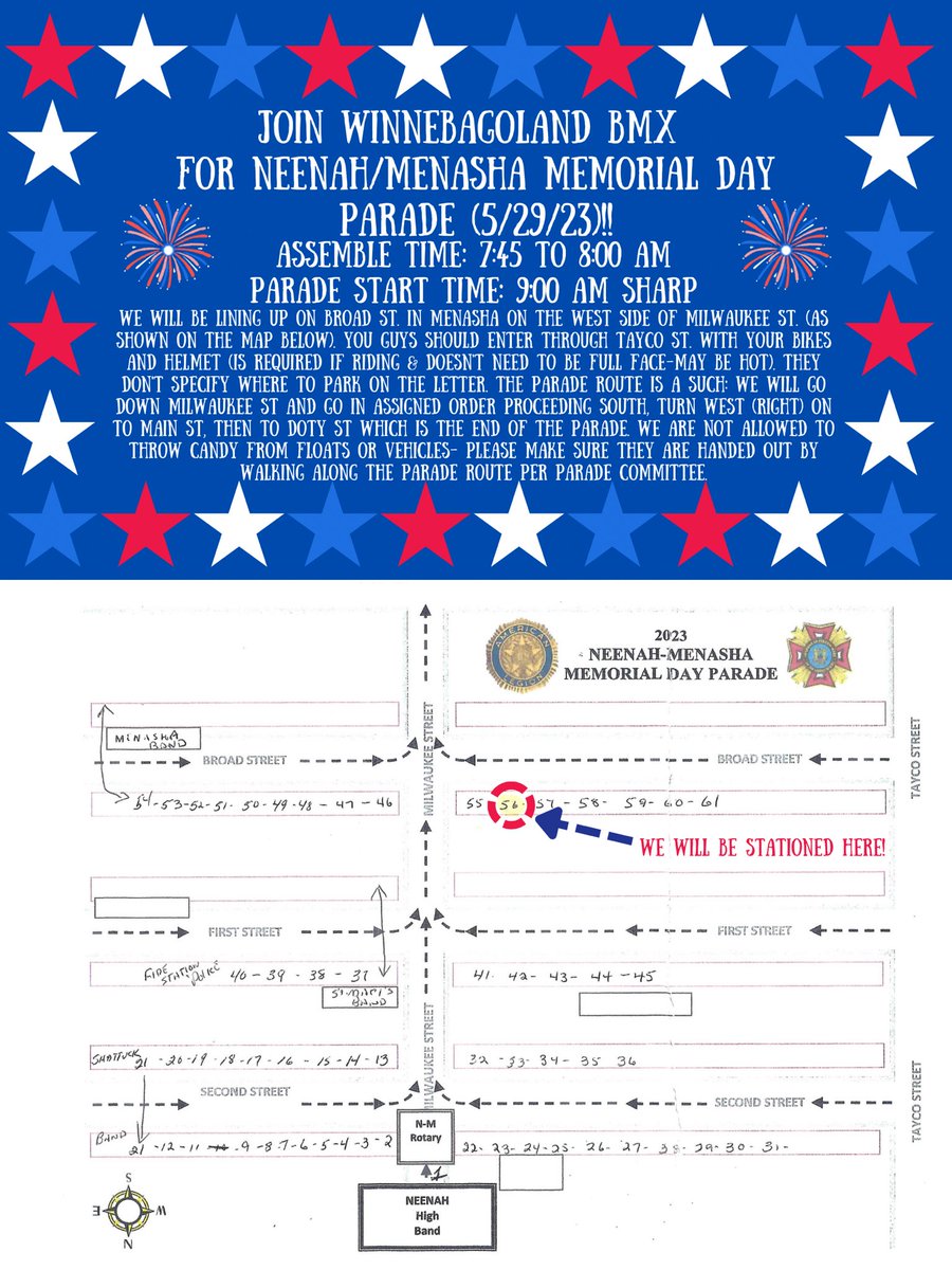 🗓Mark your Calendars!🗓
Come join Winnebagoland BMX in the Memorial Day Parade, if you aren’t doing anything that day we would love to have you! Please make sure if you’re riding a bike to make sure you have a helmet.