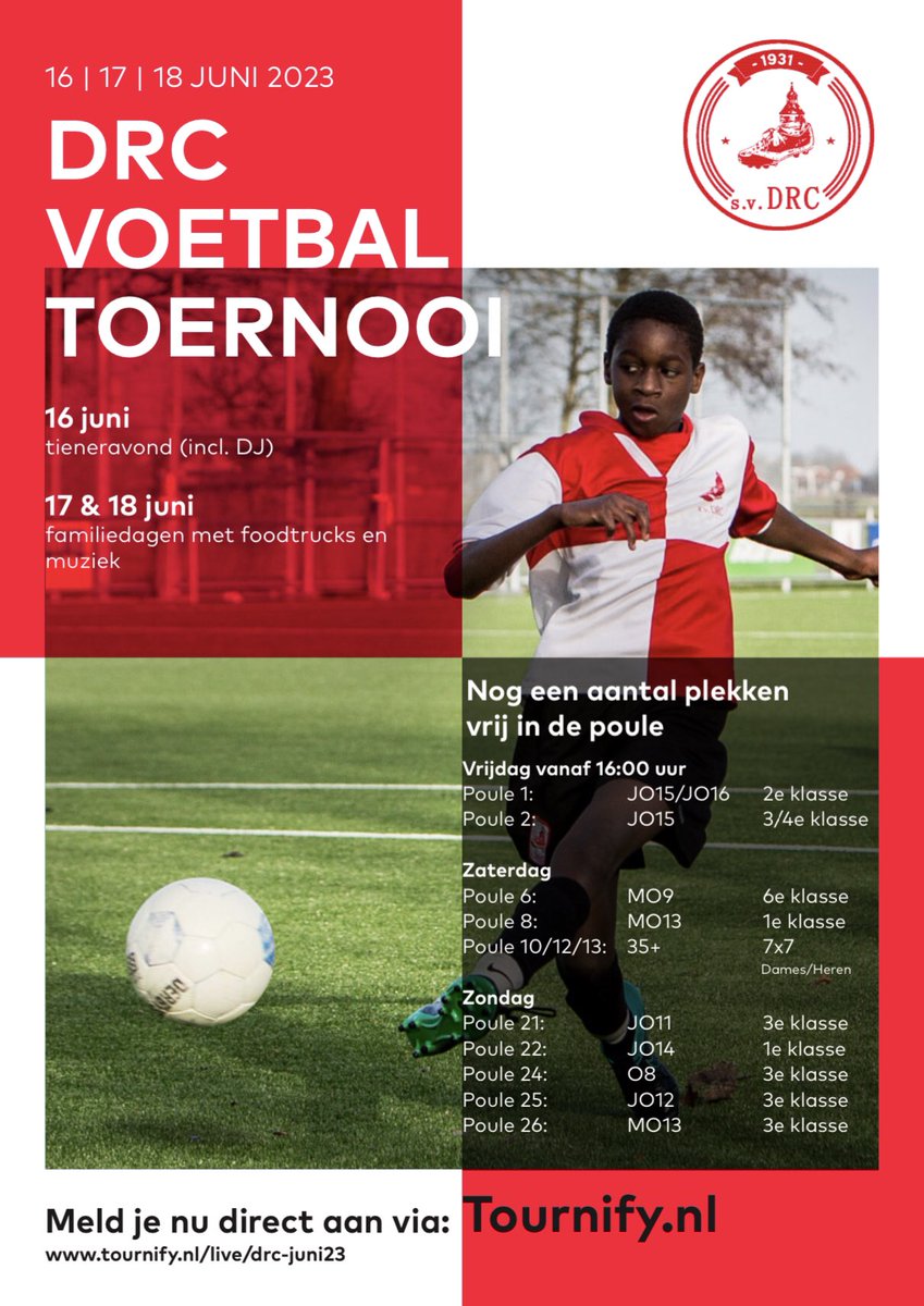 Van vrijdag 16 t/m zondag 18 juni organiseren wij in Durgerdam (Amsterdam Noord) bij sv DRC een driedaags toernooi. Van de mini’s tot de 35+. Maar ook met foodtrucks en muziek. 
Nog enkele plekken beschikbaar.
Schijf je meteen in via: tournify.nl/live/drc-juni2…