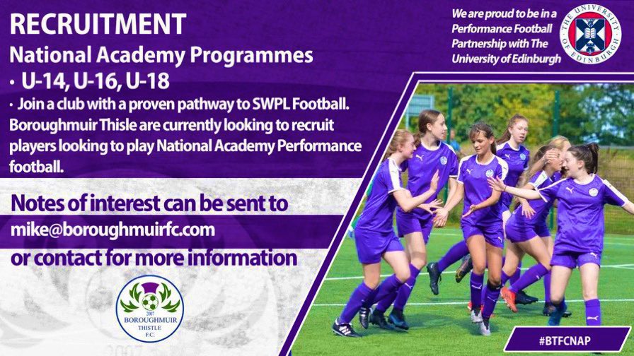 Recruitment YOUTH |

Boroughmuir Thistle FC Girls 

14s, 16s &amp; 18s N.A.P squads

Interested/more information see add, 📧 mike@boroughmuirfc.com <a href="/BTFC07/">Boroughmuir Thistle</a>
