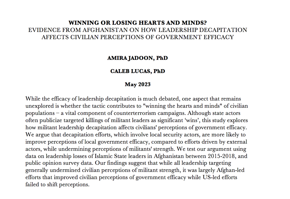 Dr. Amira Jadoon ***امیرہ جدون (@amirajadoon) on Twitter photo Pleased to share that my new article with w/ Caleb Lucas will be out soon in the <a href="/The_JOP/">Journal of Politics @jop@sciences.social</a>.  In this paper, we revisit the notion of "winning hearts & minds" in the context of leadership decapitation & pose the following question... "When state actors undertake kinetic operations Pleased to share that my new article with w/ Caleb Lucas will be out soon in the <a href="/The_JOP/">Journal of Politics @jop@sciences.social</a>.  In this paper, we revisit the notion of "winning hearts & minds" in the context of leadership decapitation & pose the following question... "When state actors undertake kinetic operations