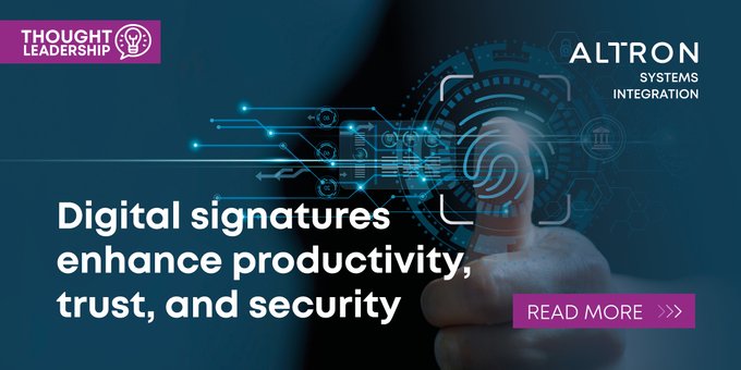 Altron Systems Integration
@AltronSI
To read the full article on how digital signatures enhance productivity, trust, and security visit altronsystemsintegration.co.za/digital-signat…… #AltronSystemsIntegration #DigitalSignatures #CyberCrime #ThoughtLeadership