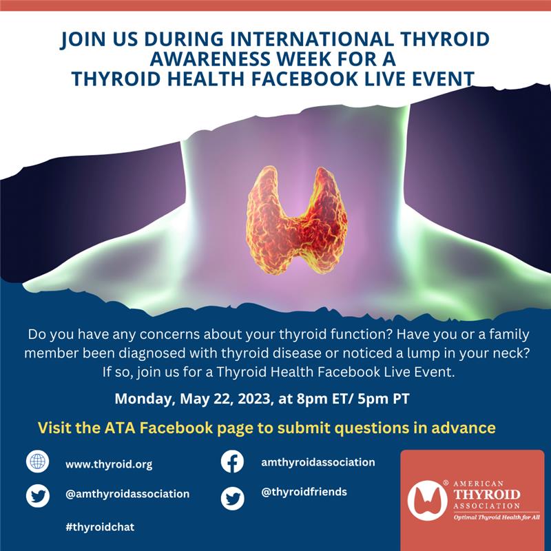 Thyroid Patients (@thyroidfriends) on Twitter photo Do you have a question about Hypothyroidism? Submit your question in advance here: ow.ly/rtlK50Oobxk and join the Facebook live event next week on May 22 @ 8pm ET/5pm PT ow.ly/HwvY50OobxJ
#thyroid #hypothyroid #medtwiter <a href="/GDATF/">Graves' Disease & Thyroid Foundation</a> <a href="/ThyroidFed/">Thyroid Federation</a> Do you have a question about Hypothyroidism? Submit your question in advance here: ow.ly/rtlK50Oobxk and join the Facebook live event next week on May 22 @ 8pm ET/5pm PT ow.ly/HwvY50OobxJ
#thyroid #hypothyroid #medtwiter <a href="/GDATF/">Graves' Disease & Thyroid Foundation</a> <a href="/ThyroidFed/">Thyroid Federation</a>