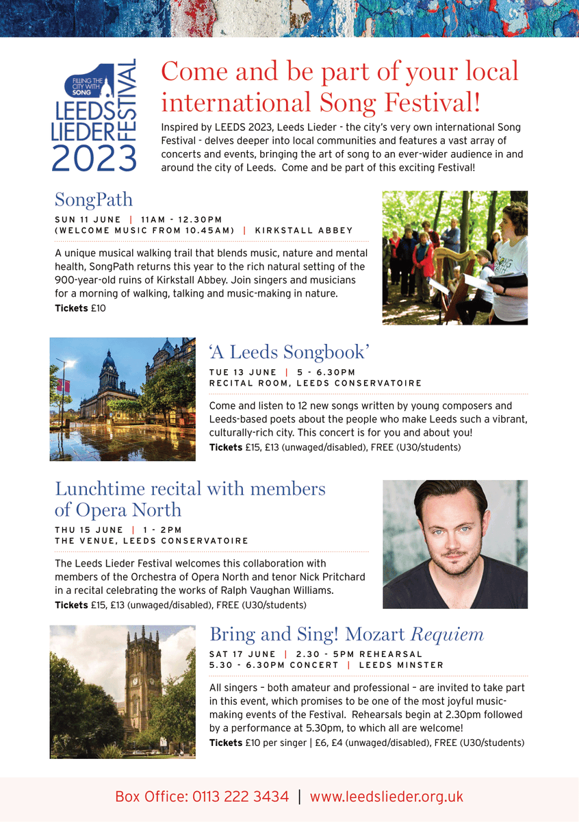Leeds_Song's tweet photo. Get familiar with some of the Leeds-focused #LLF23 events to be excited about:
11/06: @SongPath at @KirkstallAbbey
13/06: 'A Leeds Songbook'
15/06: Lunchtime Recital with @NickPritch89 + @Opera_North
17/06: Bring and Sing! at @LeedsMinster
Book now:
https://t.co/oztpfUfpJb https://t.co/f52bnhI4mF