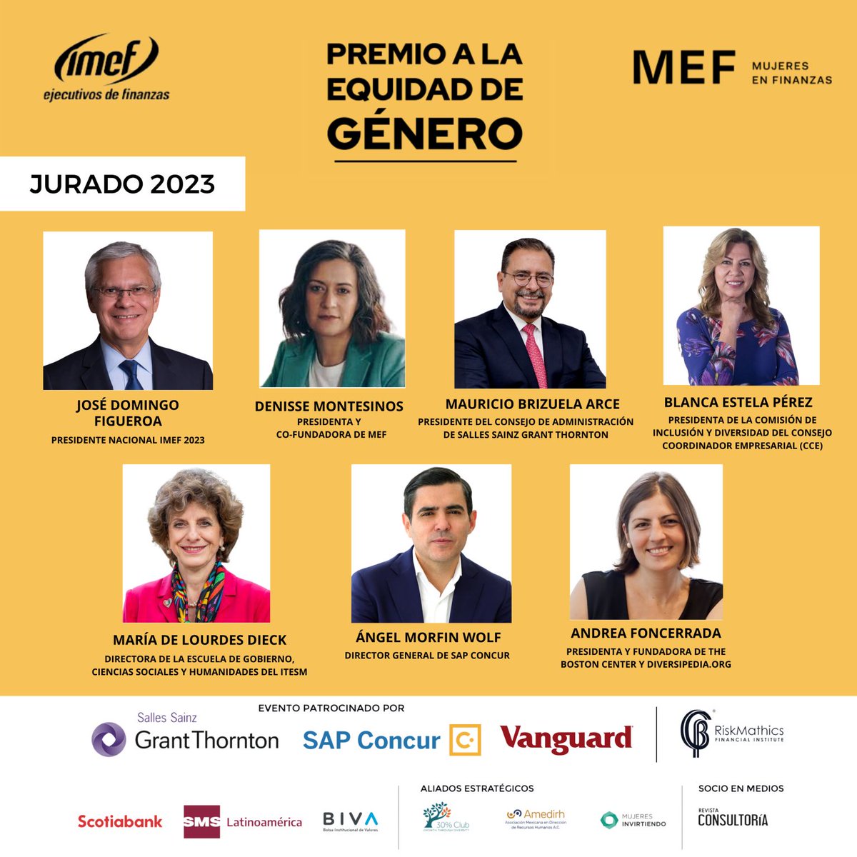 Nos enorgullece presentar a los miembros del jurado del Premio a la #EquidaddeGénero IMEF-MEF 2023. Estamos agradecidos de contar con su experiencia y  visión para seleccionar a los finalistas y ganadores de este importante  premio.

#PremioEquidadDeGénero