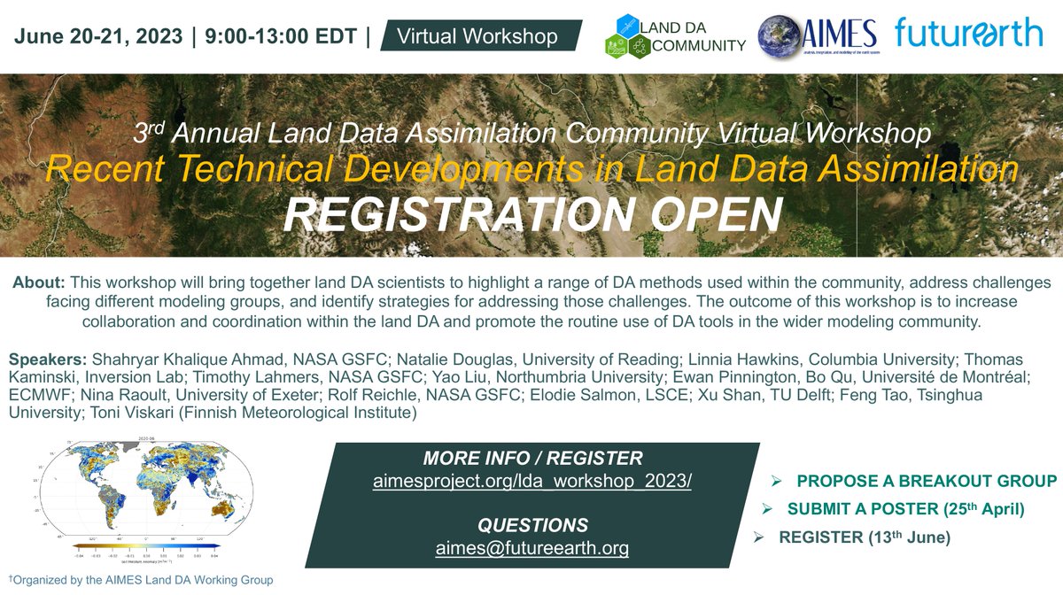 Registration is open for the 3rd Annual Land Data Assimilation Community Virtual Workshop: “Recent Technical Developments in Land Data Assimilation!” The workshop will take place 20-21 June from 9:00 - 13:00 EDT (note revised dates!). aimesproject.org/lda_workshop_2…