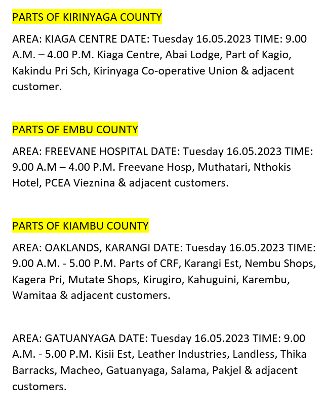Kenya Power on Twitter "Good Evening. The listed areas will be