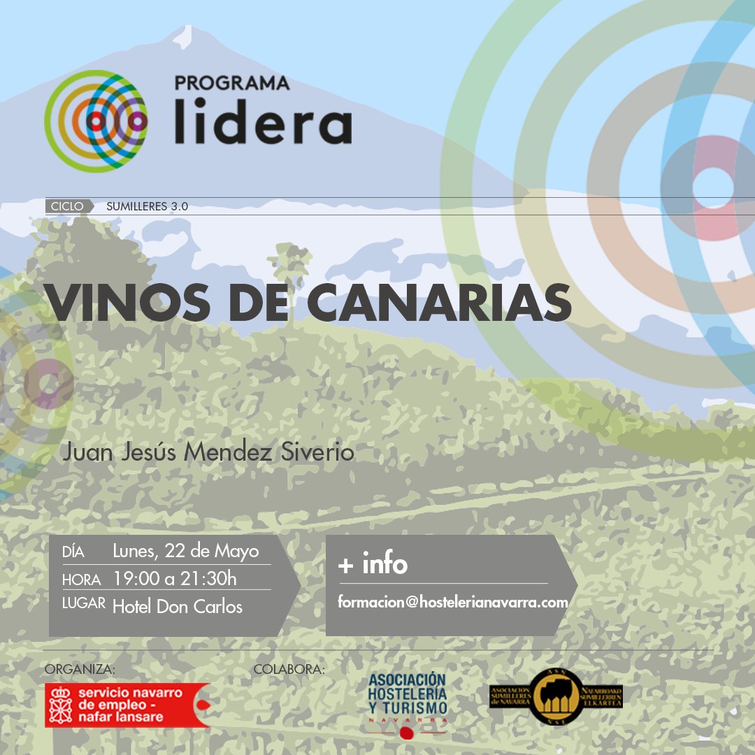 Volvemos con una nueva cata de Sumilleres 3.0
Con vinos de Canarias

🗓️ 22 de mayo del 2023
📍Hotel Don Carlos
🕖 19:00 a 21:30
✍🏼 forms.gle/vrF5Ba6YDsHP8m…
💰 25€ persona

Acción esta organizada dentro del programa #Lidera de <a href="/empleo_na/">Empleo - Lansare</a> , en colaboración con @hosteleriaNavarra