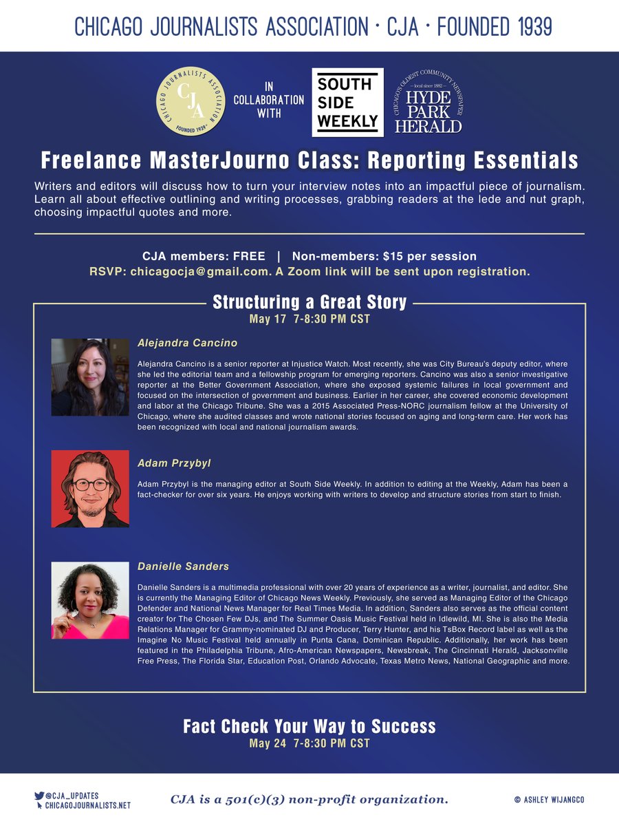 #JOURNALISTS! Our Freelance MasterJourno Class continues Wednesday at 7 PM CST! Have you RSVP'd? This week's session will cover tips for building great stories with <a href="/WriterAlejandra/">Alejandra Cancino</a> <a href="/adam_przybyl/">Adam Przybyl</a> <a href="/daniesanders20/">Danielle Sanders</a>! Don't miss it!

Non-CJA members: $15
RSVP: chicagocja@gmail.com