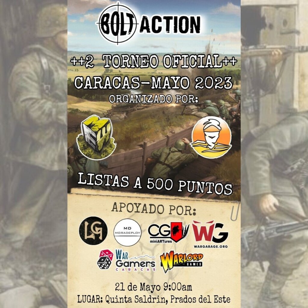 La comunidad de Bolt Action en Venezuela sigue activa y creciendo. Ven al 2do. Torneo Oficial en Caracas, y vamos ¡RUMBO AL NACIONAL DE BOLT ACTION!

Ven y enfréntate a otros comandantes en el campo de batalla, o acércate a conocer el juego. Con;

@thebe… instagr.am/p/CsRV-y2uSw2/