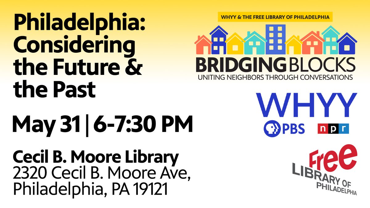WHYY (@whyy) on Twitter photo How can Philadelphia develop for the future while preserving the past? And what does it mean for future generations if historic buildings and streetscapes slowly disappear?
Join us for a neighborhood discussion with <a href="/FreeLibrary/">Free Library of Philadelphia</a>: bit.ly/3BpZzqK How can Philadelphia develop for the future while preserving the past? And what does it mean for future generations if historic buildings and streetscapes slowly disappear?
Join us for a neighborhood discussion with <a href="/FreeLibrary/">Free Library of Philadelphia</a>: bit.ly/3BpZzqK