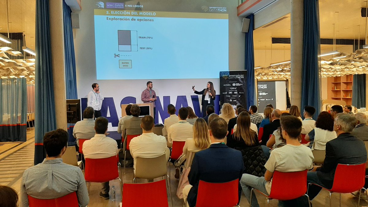 CajamarDataLab's tweet photo. E-No-Logos de la @uc3m son el segundo equipo en intervenir en la final de la @Cajamar #UniversityHack 2023. https://t.co/hS053vPs3U