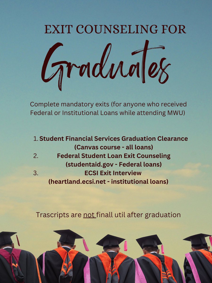 MWUSFS's tweet image. Don't forget for any upcoming graduates it's important to complete your exist counseling to graduate! 🎓📝

More information is found on the Financial Aid page or Canvas page!

Some side notes: Your first full size wall diploma is provided at no cost!