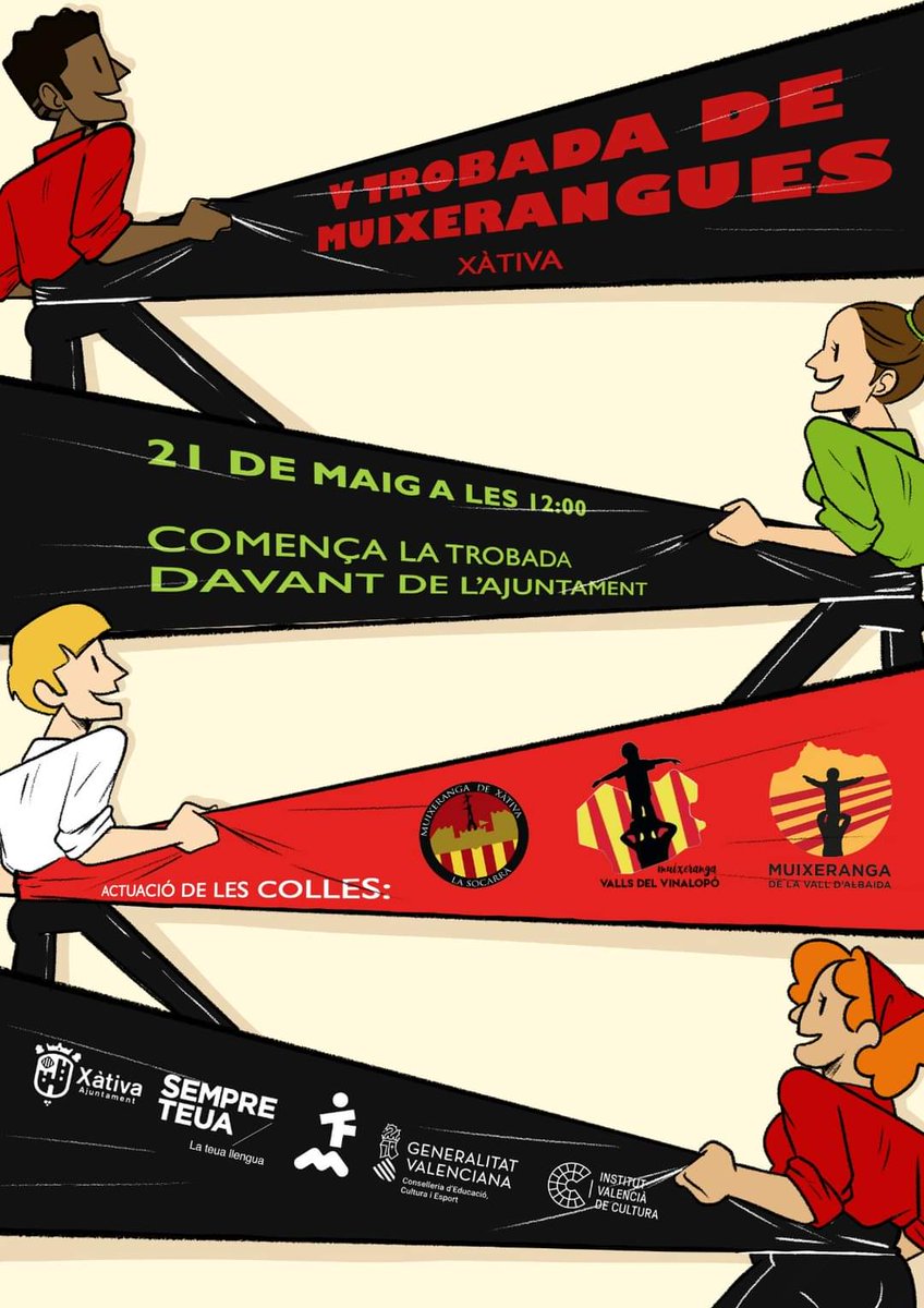 La Muixeranga de Xàtiva, te l'orgull de presentar-vos, La V Trobada de Muixerangues a Xàtiva, que trindrà lloc aquest diumengue, a les 12 hores, davant de l'Ajuntament. Tindrem la companyia de dos colles, la Muixeranga Valls del Vinalopó i la Muixeranga Vall d'Albaida.
