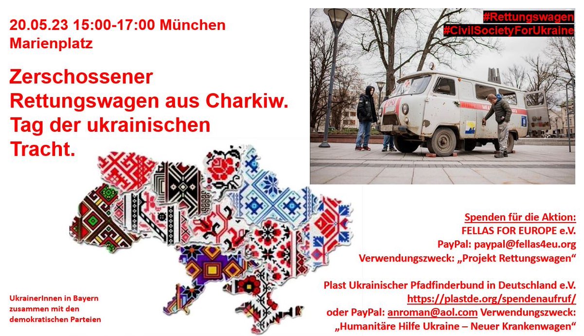 Als nächstes steht die Aktion Rettungswagen im Fokus. Wie erwähnt, ist das ein Gemeinschaftsprojekt unter anderem von Litauen, Pulse of Europe e.V., den Münchner Aktivistinnen <a href="/VDeMaar/">Valentyna De Maar</a> und <a href="/IrmaLuksiene/">Irma Petraityte-Luksiene</a> und unserem Verein. Am 20.5.2013 geht es los! Bitte kommt zahlreich! 👇1/3