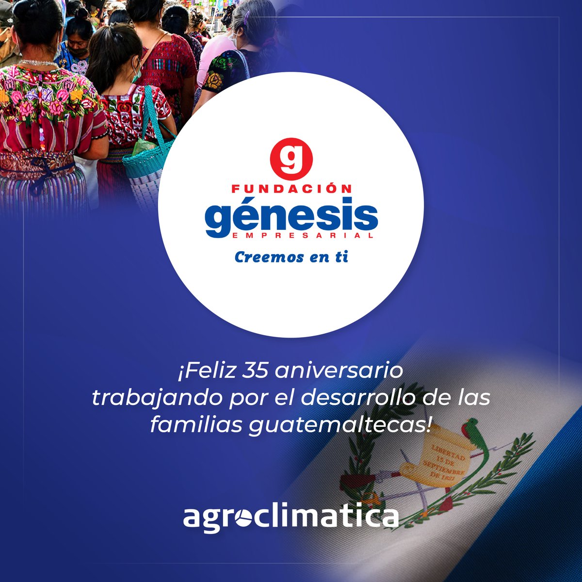agroclimatica's tweet photo. Agroclimatica felicita a @fundagenesisgt por 35 aniversario trabajando por el desarrollo de las familias guatemaltecas 🇬🇹 Estamos muy contentos de contar con Fundación Génesis como nuestros aliados en #Guatemala para promover la inclusión financiera del sector agropecuario 🌾🐄🤝 https://t.co/AoaSd7PYWT
