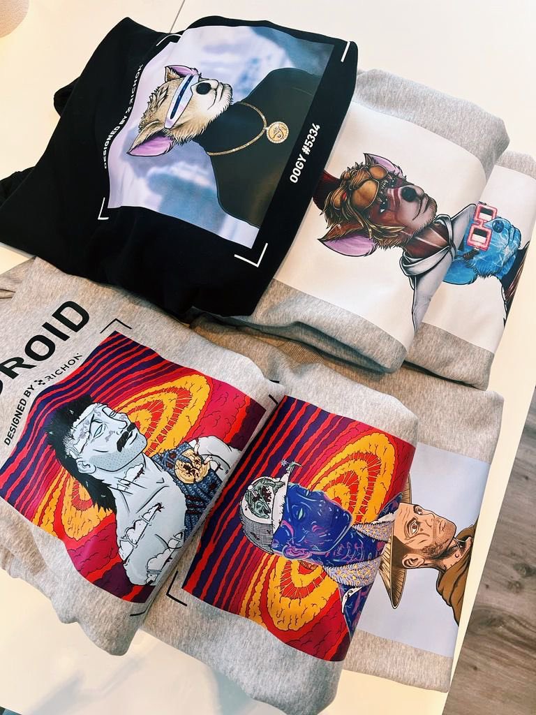 Just finished up some fresh <a href="/Richon_io/">Richon</a> orders and they're looking 🔥! Excited for <a href="/Ting456/">TING456</a> <a href="/Android65O/">Android (🪨)</a> <a href="/andy_oogy/">Andy</a> to rock their custom NFT apparel.