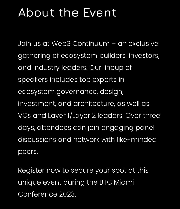 Are you going to #BITCOIN 2023? Don’t miss the Web3 Continuum Event! 

➡️ web3-2023.com

Presented By: Atala Prism and Continuum Loop: 3 Days of special guests, events, and even a poker tournament! 🆓 GA Tickets or VIP Passes available now! 🎊🔥