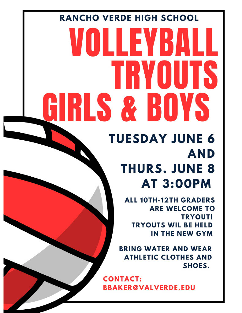 Girls and Boys Volleyball tryouts will be happening on June 6th and 8th in the New Gym at 3pm. All grades are welcome to try out! Contact Coach Baker at bbaker@valverde.edu for more information!