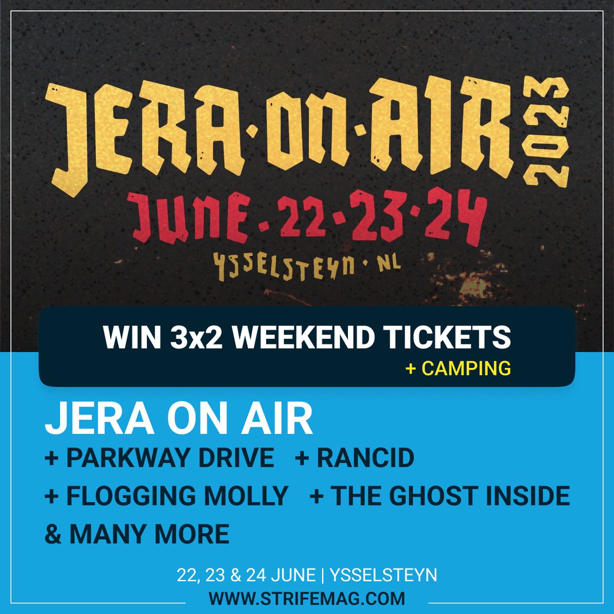 StrifeMagazine's tweet photo. **WIN TICKETS**  

3x2 weekend tickets for Jera On Air in Ysselsteyn, Limburg on the 22nd, 23rd and 24th of June.   

How to enter: 
* Like and retweet this tweet 
 ** Follow @StrifeMagazine https://t.co/tT8gs7fEYD
