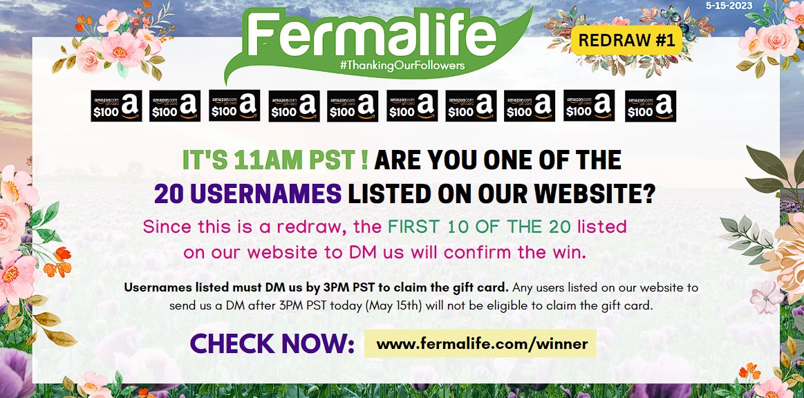 ✨ It's 11 AM PST! It's time to check if you are 1 of the 20 followers listed on our website for REDRAW#1! If you are--  DM us now because the FIRST 10 of the 20 to DM us will confirm the win of a $100 #AmazonGiftCard! CHECK NOW: fermalife.com/winner #ThankingOurFollowers