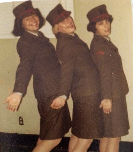Dolores Luhm (on left) and her fellow U.S. Marines are wearing their wool service uniforms and having some fun, circa 1977. #militarymonday #wvhp #uncg #Marines