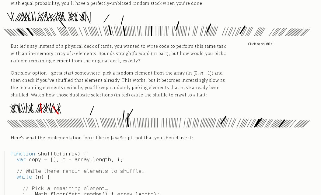 Nice illustration of several random shuffle algorithms, including Fisher–Yates Shuffle:
bost.ocks.org/mike/shuffle/
by Mike Bostock (<a href="/mbostock/">Mike Bostock</a>)

#Random #Shuffle #JavaScript #Array