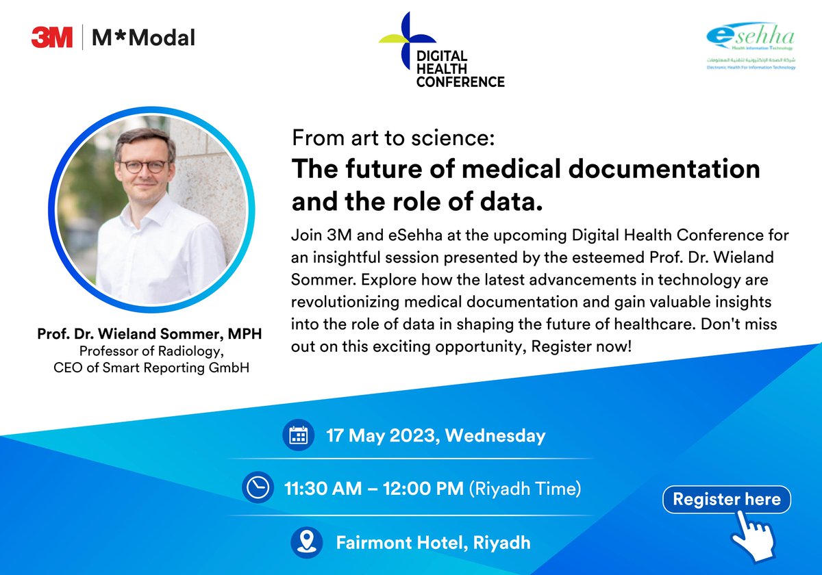 e_sehha's tweet photo. Don't miss our session on the future of Clinical Documentation and the role of data at the upcoming Digital Health Conference, presented by Prof. Dr. @wielandsommer. We look forward to seeing you there!
#DHCon23 #DHConference #KFSHRC #AppliedAI #ClinicalDocumentation #3MHIS #CDI https://t.co/8BWNF9NEqA