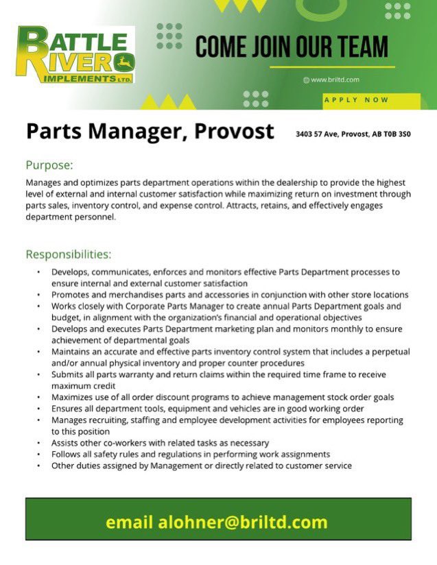 We are #hiring  @BRILTD
 #Provost #Alberta #fulltime #WestCdnAg #PartsManager #JohnDeere #parts #AgJobs #AgTwitter briltd.com