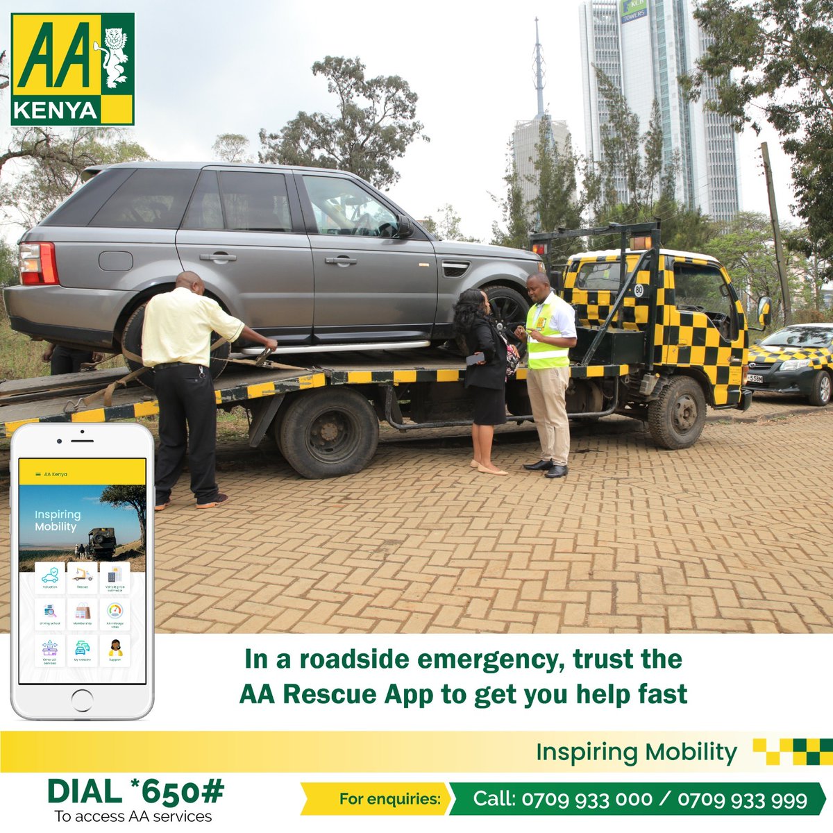 AAKenya's tweet photo. Flat tyre? Fuel delivery? Towing? Jump-starting? No worries! With the AA Road Rescue app, help is just a tap away. Download now and stay safe on the road. Link: https://t.co/o9LYp3mM9U
#AAKenyaCares #RescueApp #InspiringMobility https://t.co/CdZVICodtU